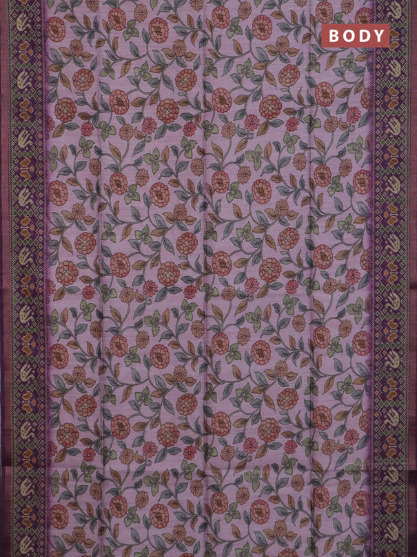 Art tussar saree light pink and purple with allover kalamkari prints and patola border