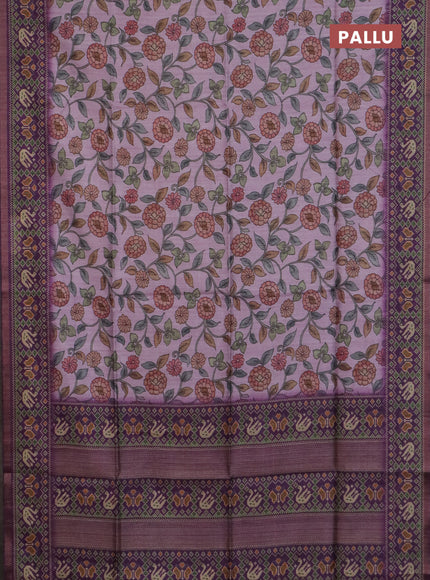 Art tussar saree light pink and purple with allover kalamkari prints and patola border