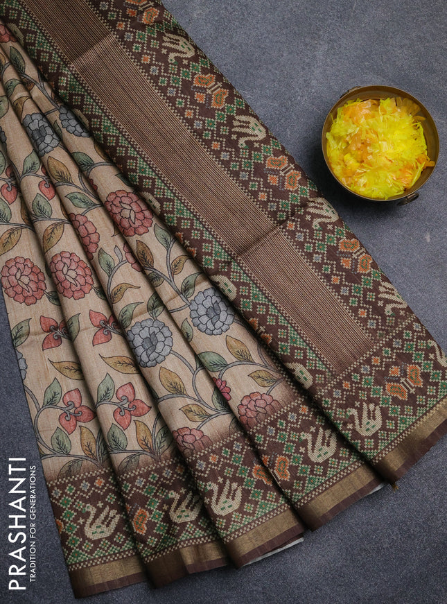 Art tussar saree sandal and coffee brown with allover kalamkari prints and patola border
