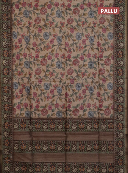 Art tussar saree sandal and coffee brown with allover kalamkari prints and patola border