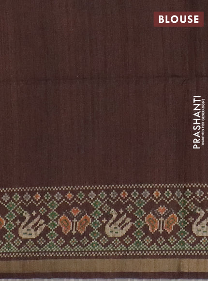 Art tussar saree sandal and coffee brown with allover kalamkari prints and patola border