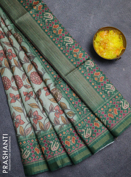 Art tussar saree pastel green and green with allover kalamkari prints and patola border