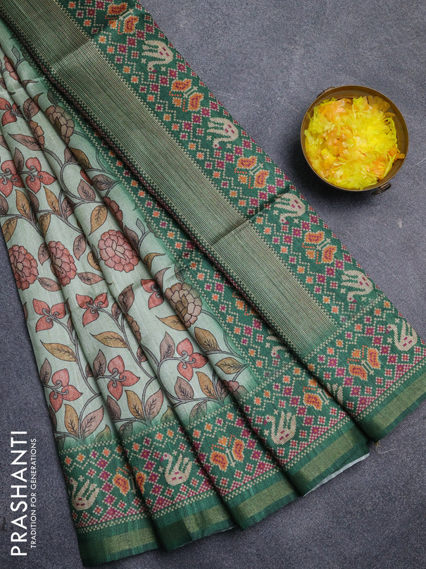 Art tussar saree pastel green and green with allover kalamkari prints and patola border
