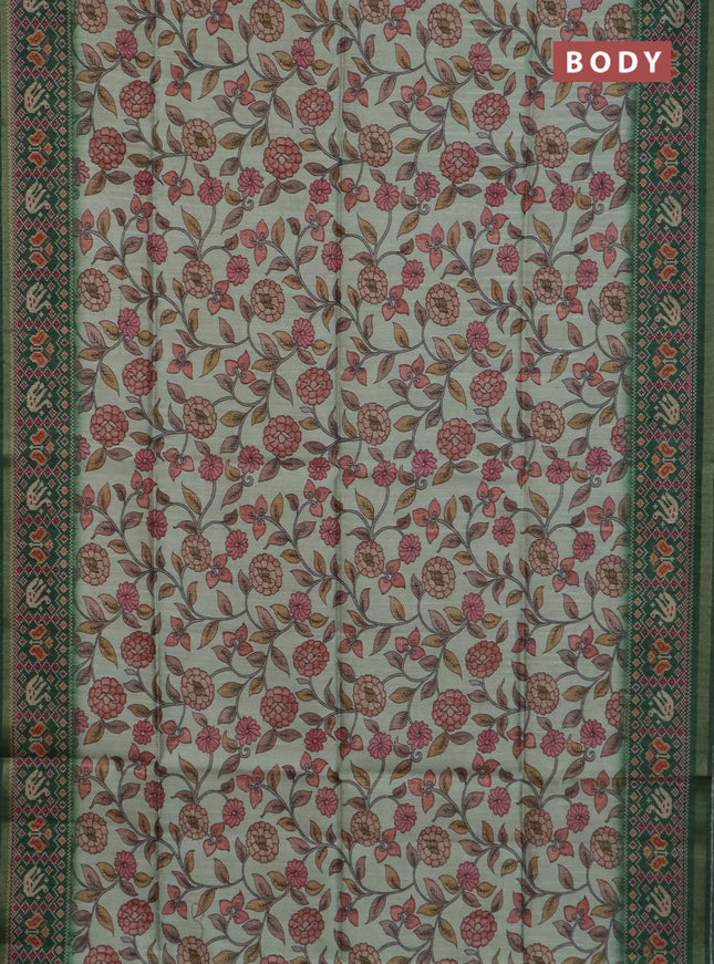 Art tussar saree pastel green and green with allover kalamkari prints and patola border