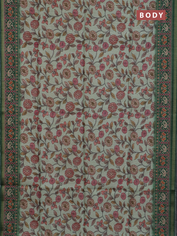 Art tussar saree pastel green and green with allover kalamkari prints and patola border