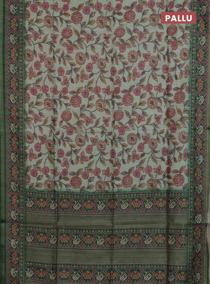 Art tussar saree pastel green and green with allover kalamkari prints and patola border