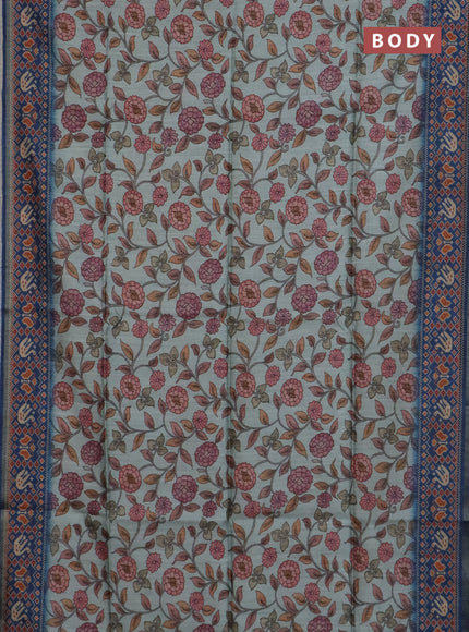 Art tussar saree pastel blue and peacock blue with allover kalamkari prints and patola border