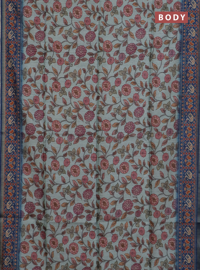 Art tussar saree pastel blue and peacock blue with allover kalamkari prints and patola border