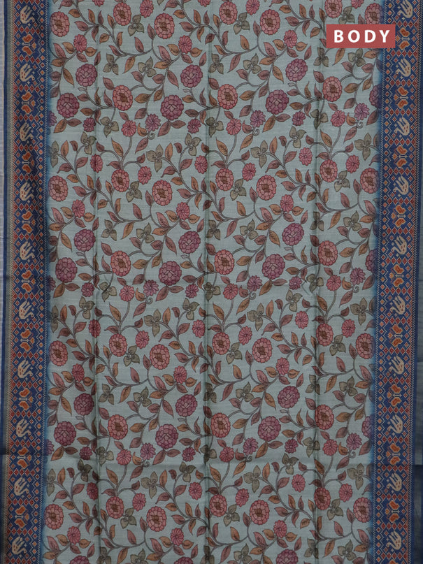 Art tussar saree pastel blue and peacock blue with allover kalamkari prints and patola border