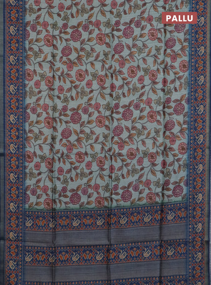 Art tussar saree pastel blue and peacock blue with allover kalamkari prints and patola border