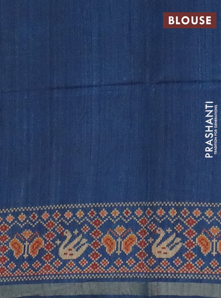 Art tussar saree pastel blue and peacock blue with allover kalamkari prints and patola border