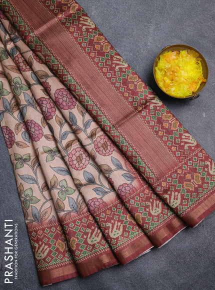 Art tussar saree peach orange and maroon with allover kalamkari prints and patola border