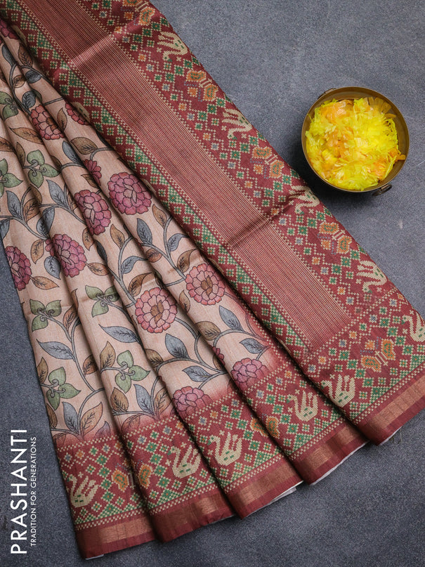 Art tussar saree peach orange and maroon with allover kalamkari prints and patola border