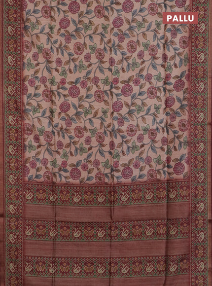 Art tussar saree peach orange and maroon with allover kalamkari prints and patola border