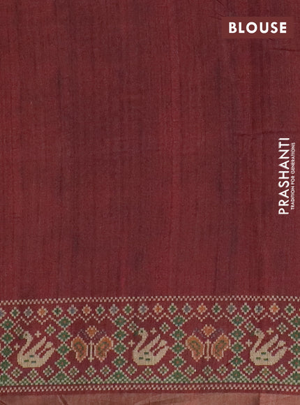 Art tussar saree peach orange and maroon with allover kalamkari prints and patola border