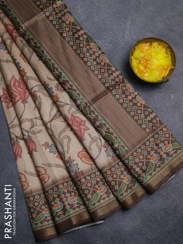 Art tussar saree sandal and coffee brown with allover kalamkari prints and patola border