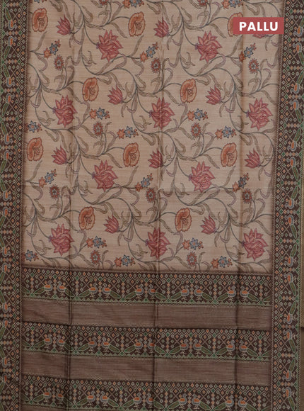 Art tussar saree sandal and coffee brown with allover kalamkari prints and patola border