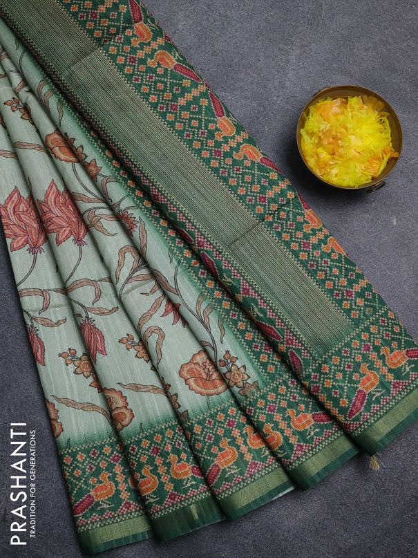Art tussar saree pastel green and green with allover kalamkari prints and patola border
