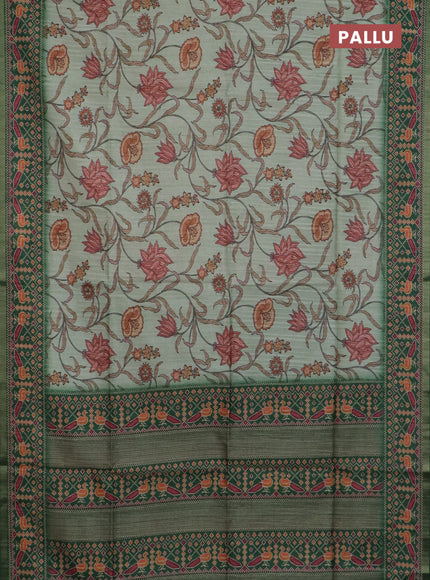 Art tussar saree pastel green and green with allover kalamkari prints and patola border