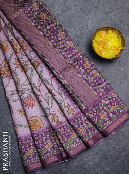 Art tussar saree mauve pink and purple with allover kalamkari prints and patola border