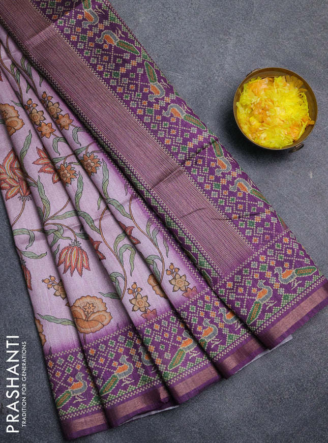 Art tussar saree mauve pink and purple with allover kalamkari prints and patola border