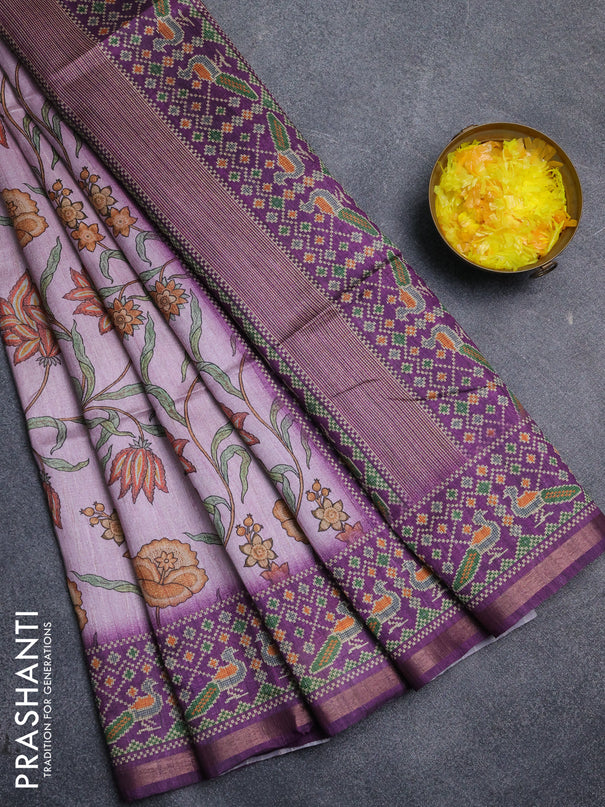 Art tussar saree mauve pink and purple with allover kalamkari prints and patola border
