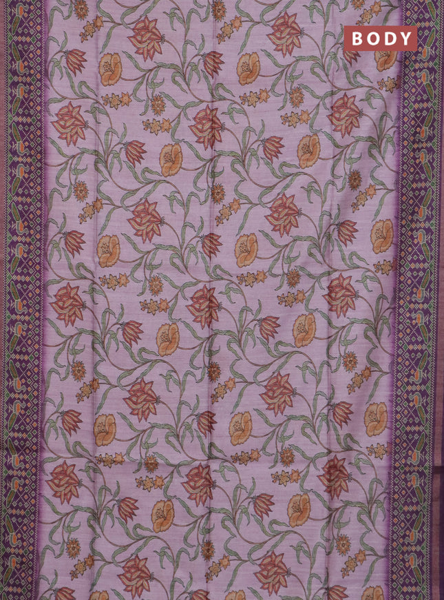 Art tussar saree mauve pink and purple with allover kalamkari prints and patola border