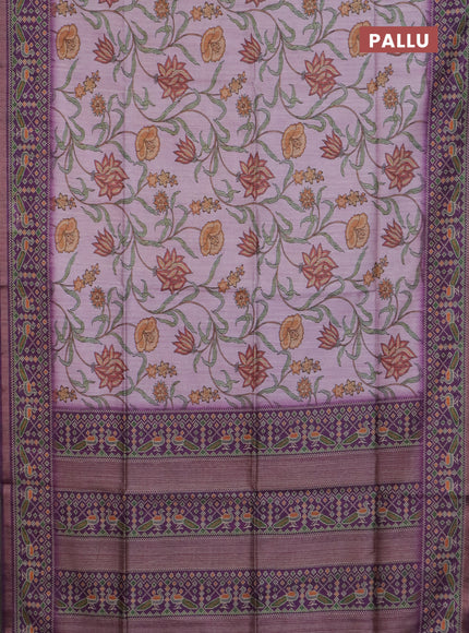 Art tussar saree mauve pink and purple with allover kalamkari prints and patola border