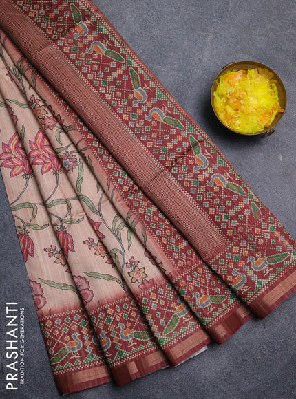 Art tussar saree peach orange and maroon with allover kalamkari prints and patola border