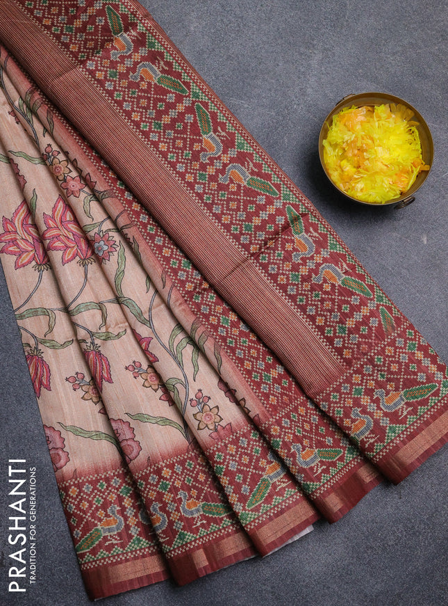 Art tussar saree peach orange and maroon with allover kalamkari prints and patola border