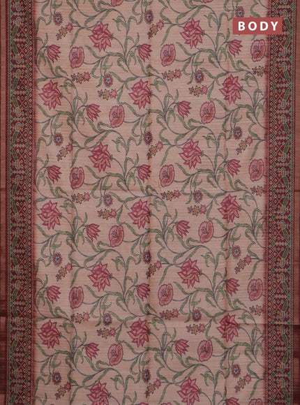 Art tussar saree peach orange and maroon with allover kalamkari prints and patola border