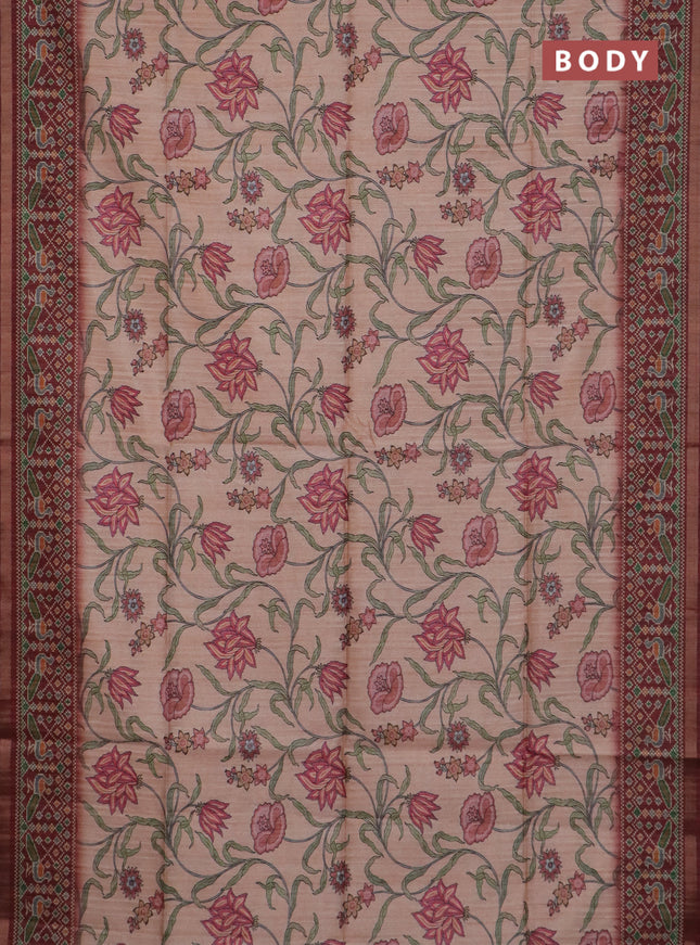 Art tussar saree peach orange and maroon with allover kalamkari prints and patola border