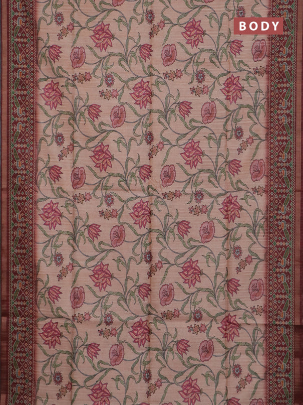 Art tussar saree peach orange and maroon with allover kalamkari prints and patola border