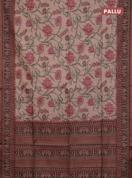 Art tussar saree peach orange and maroon with allover kalamkari prints and patola border