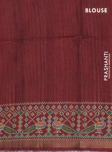 Art tussar saree peach orange and maroon with allover kalamkari prints and patola border