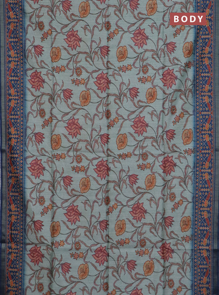 Art tussar saree pastel blue and peacock blue with allover kalamkari prints and patola border