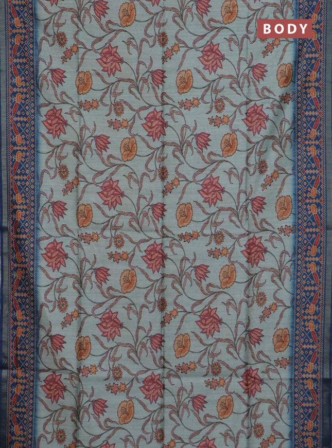 Art tussar saree pastel blue and peacock blue with allover kalamkari prints and patola border