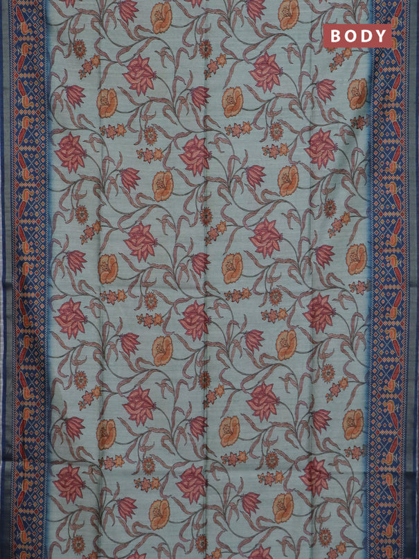 Art tussar saree pastel blue and peacock blue with allover kalamkari prints and patola border