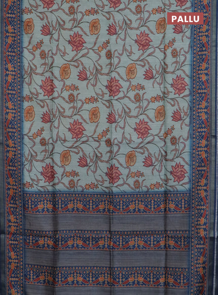 Art tussar saree pastel blue and peacock blue with allover kalamkari prints and patola border