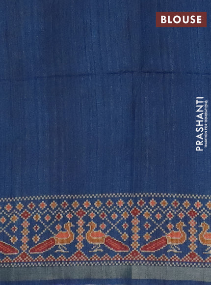 Art tussar saree pastel blue and peacock blue with allover kalamkari prints and patola border