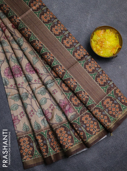 Art tussar saree sandal and coffee brown with allover kalamkari prints and patola border