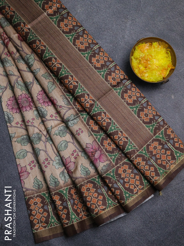 Art tussar saree sandal and coffee brown with allover kalamkari prints and patola border