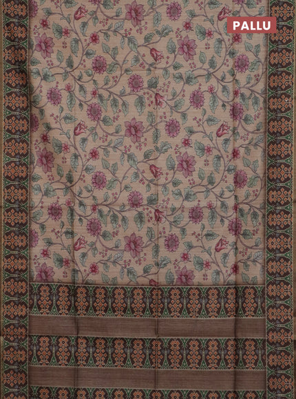 Art tussar saree sandal and coffee brown with allover kalamkari prints and patola border