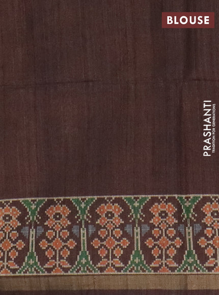Art tussar saree sandal and coffee brown with allover kalamkari prints and patola border