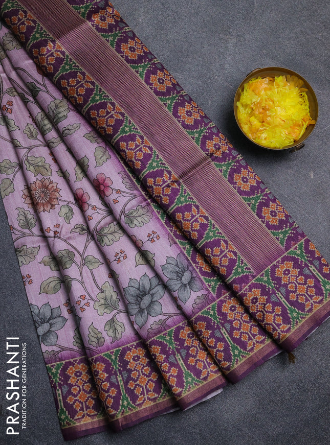Art tussar saree light pink and purple with allover kalamkari prints and patola border