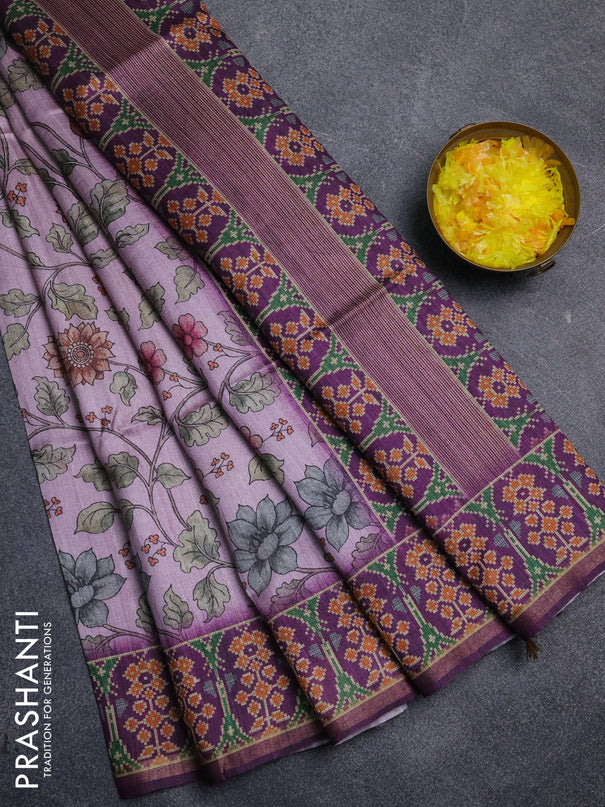 Art tussar saree light pink and purple with allover kalamkari prints and patola border