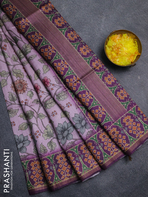 Art tussar saree light pink and purple with allover kalamkari prints and patola border