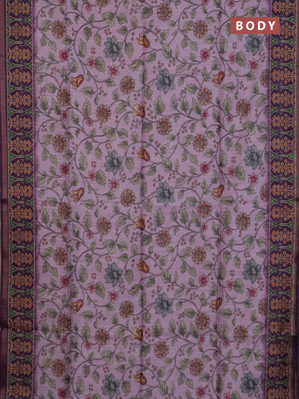 Art tussar saree light pink and purple with allover kalamkari prints and patola border
