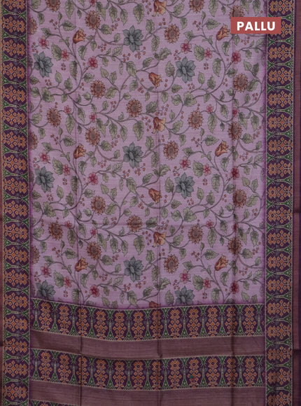Art tussar saree light pink and purple with allover kalamkari prints and patola border