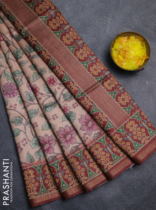 Art tussar saree peach orange and maroon with allover kalamkari prints and patola border